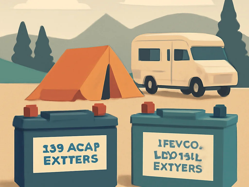 Campingbatterie auf Maß mit Beschriftung und Anschlusskabeln