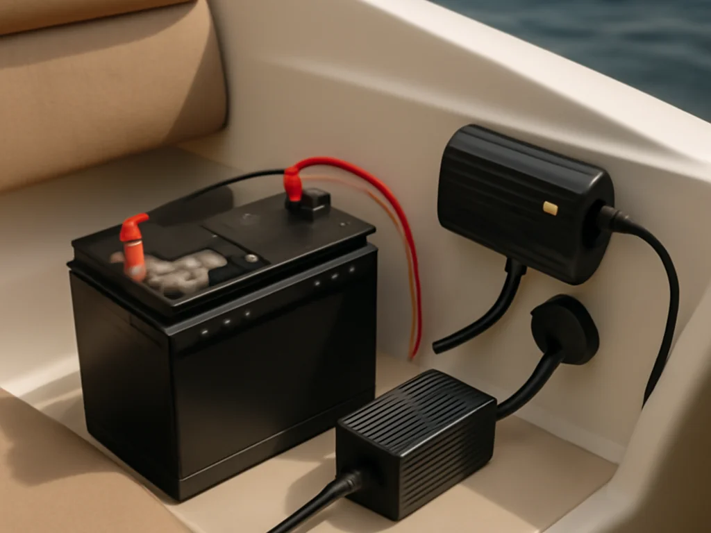 Batterien und Ladegerät auf Bootstableau montiert