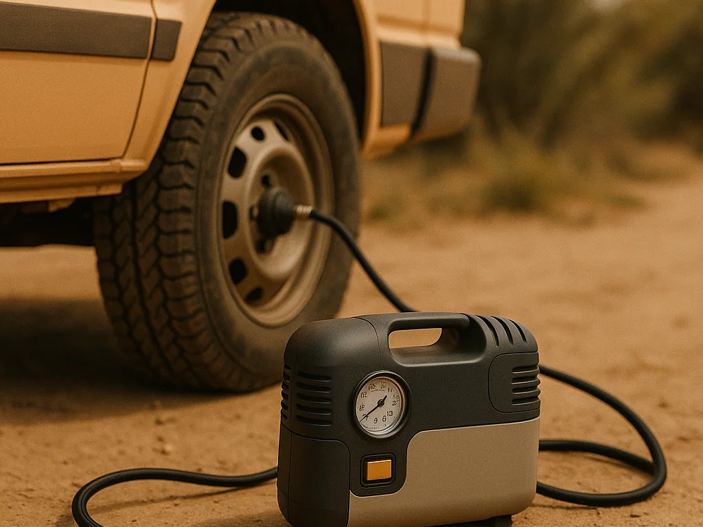 Vanreifen und 12V Kompressor am Straßenrand