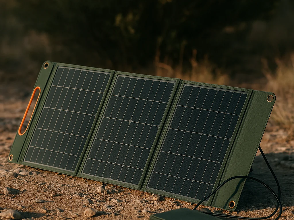 Faltbares Solarpanel auf Campingplatz in Sonne